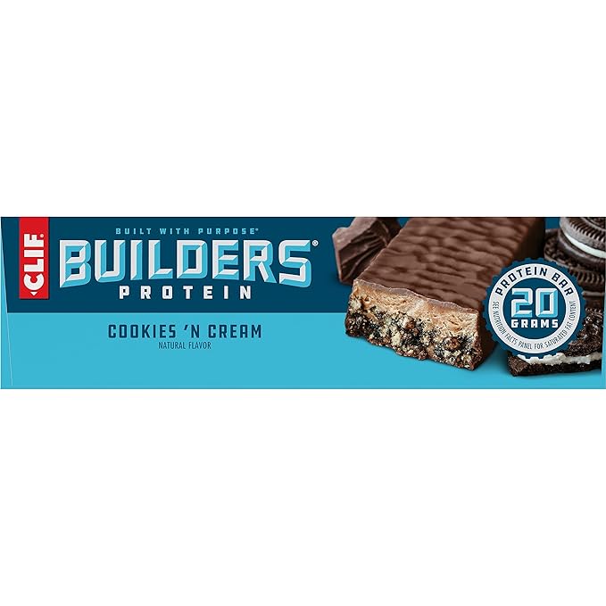 CLIF Builders - Cookies 'n Cream Flavor - Plant Based Protein Bars - Gluten Free - Non-GMO - Low Glycemic - 20g Protein - 2.4 oz. (12 Count)