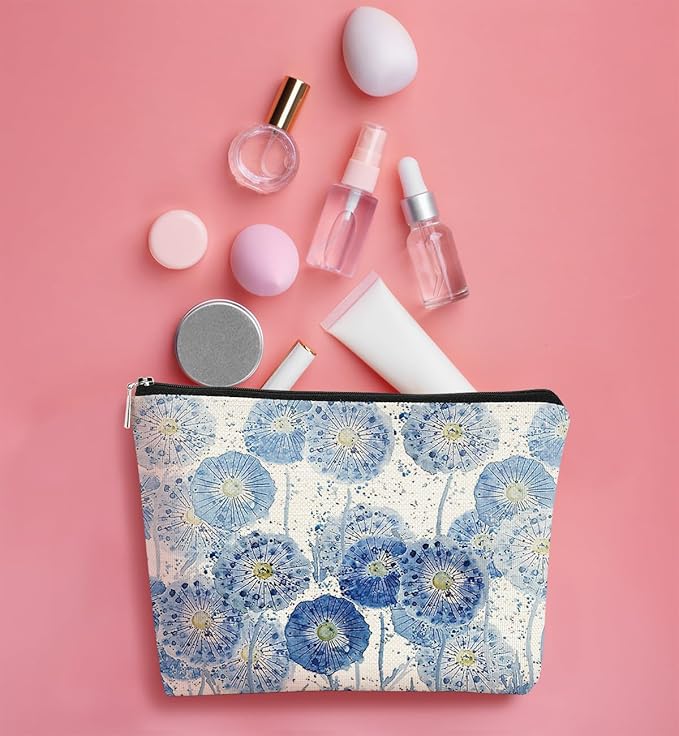 Cottagecore Floral Makeup Organizer - Indigo Watercolor Dandelion, Aesthetic Flower Makeup Bag for Women & Girls