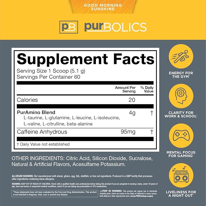 Aminos + Energy | Supports Recovery, Energy & Focus | 95mg of Caffeine, 0 Sugar & 60 Servings (Good Morning Sunshine)