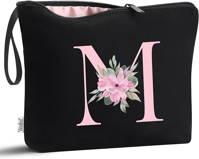 Vavabox A-Z Personalized Makeup Bag, Birthday Gifts for Women Mom, Gifts for Best Friend, Bride Bridesmaid Cosmetic bag (M, Black)