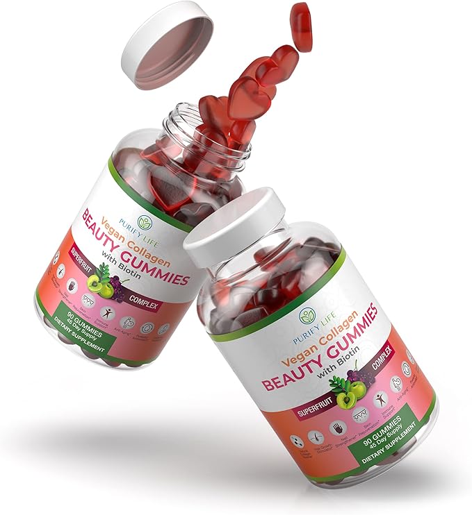 Purify Life Vegan Collagen Gummies with Biotin Vitamins for Hair Skin and Nails Health, (90 Chews) Collagen Support Superfruit Complex with Resveratrol, Vitamin A, E, C - Replace Capsules, Pills
