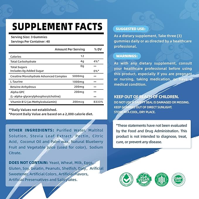 Creatine Monohydrate Gummies Complex 6400mg for Men & Women - 120 Gummies Advanced Formula, L-Taurine + Vitamin B12 for Muscle Strength, Muscle Builder, Energy Boost, Pre-Workout Supplement -Blueberry