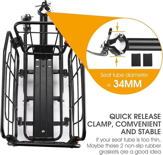 Rear Bike Rack with Basket, 165 LB Load - Aluminum Alloy Cargo Rack for Back of Bike with Free Bungee Cord & Waterproof Cover & Installation Tool