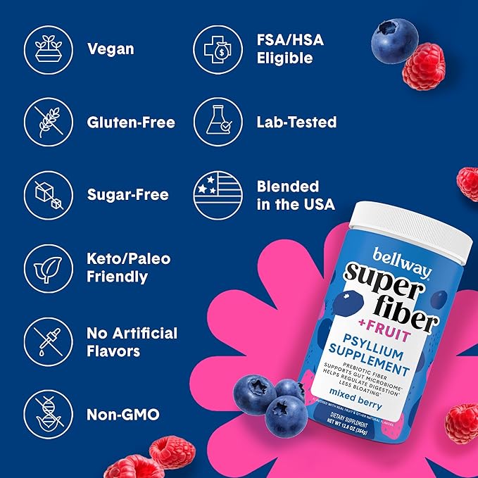 Bellway Super Fiber Powder + Fruit (3 Pack), Sugar Free Organic Psyllium Husk Powder Fiber Supplement for Regularity, Bloating Relief & Gut Health, Non-GMO, Plant-Based, Mixed Berry (150 Servings)