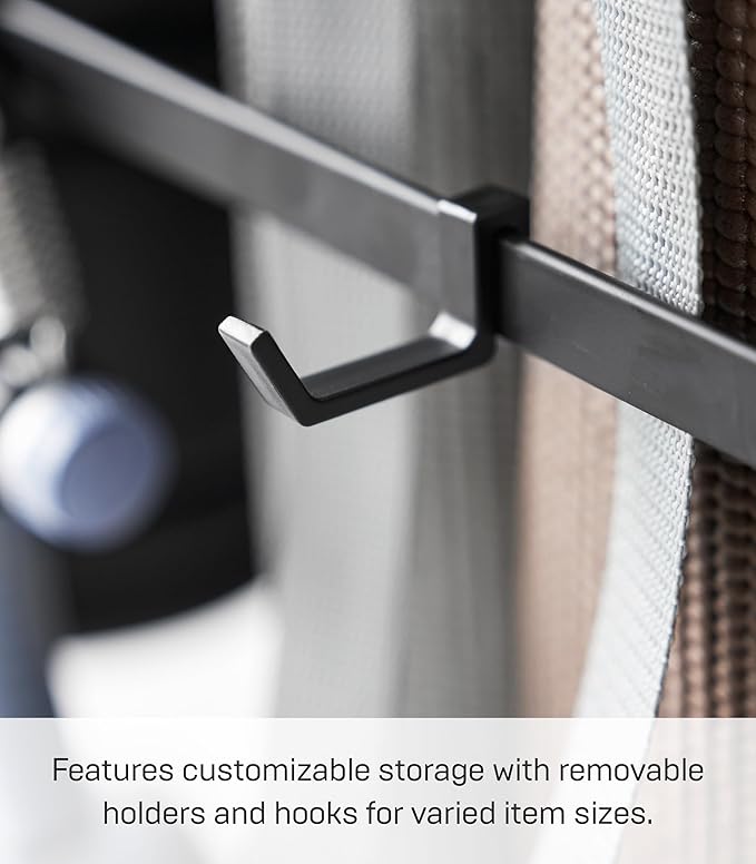 Yamazaki Home Tower Rolling Slim Fitness Rack With Adjustable Holder, Casters, Hooks For Gear Organization - Steel
