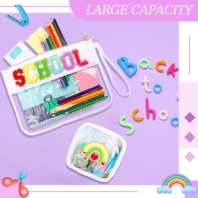Hillban 2 Pcs Welcome Back to School Gift Bags Pencil Pouch Clear Case Chenille Letter Makeup Cosmetic Bags Toiletry Travel Purse First Day of School Waterproof PVC Organizer Storage for Women