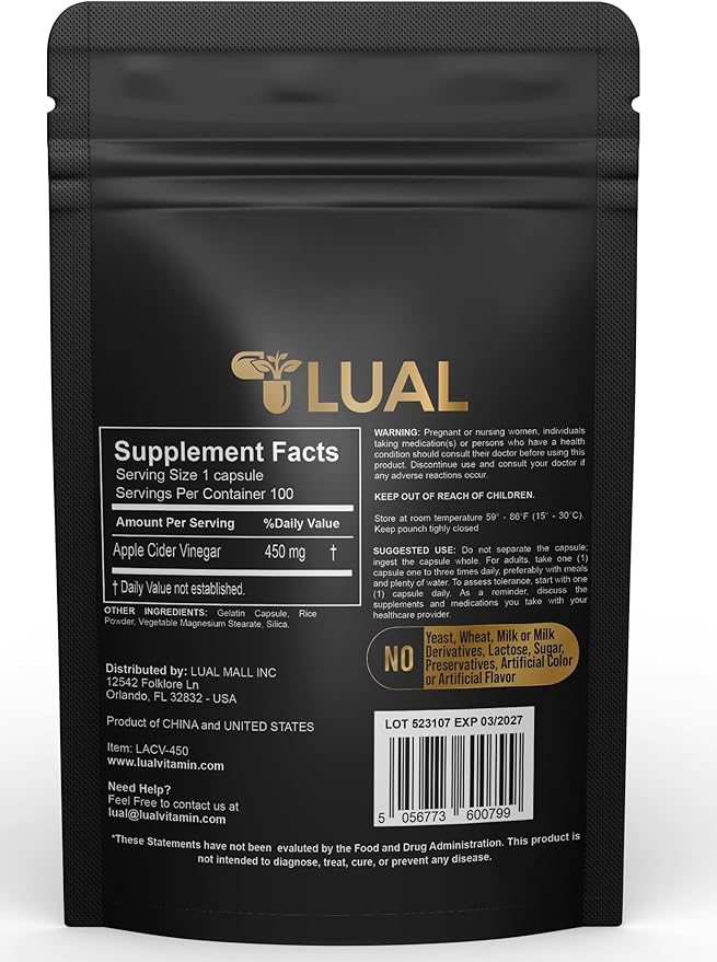 LUAL Apple Cider Vinegar Capsules Apple Cider Vinegar Capsules 450 mg 100 Count