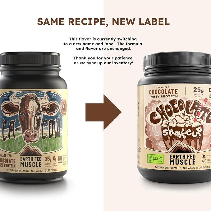 Earth Fed Muscle Ca-Cow! Chocolate Truly Grass Fed Whey 2lb - No Fillers, Flow Agents, or Synthetic Blends, Soy Free, Non GMO and Hormone Free (Chocolate)