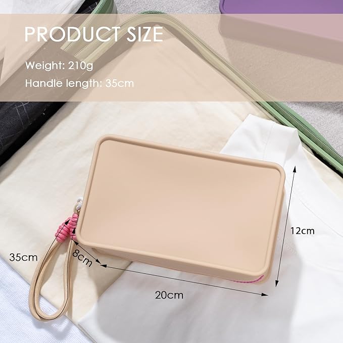 Travistar Silicone Travel Makeup Bag - Large Capacity Make Up Pouch Travel Makeup Organizer Bag Waterproof Toiletry Bag Portable Cosmetic Bag Small Womens Brush Holder Bag with Zipper Closure Khaki
