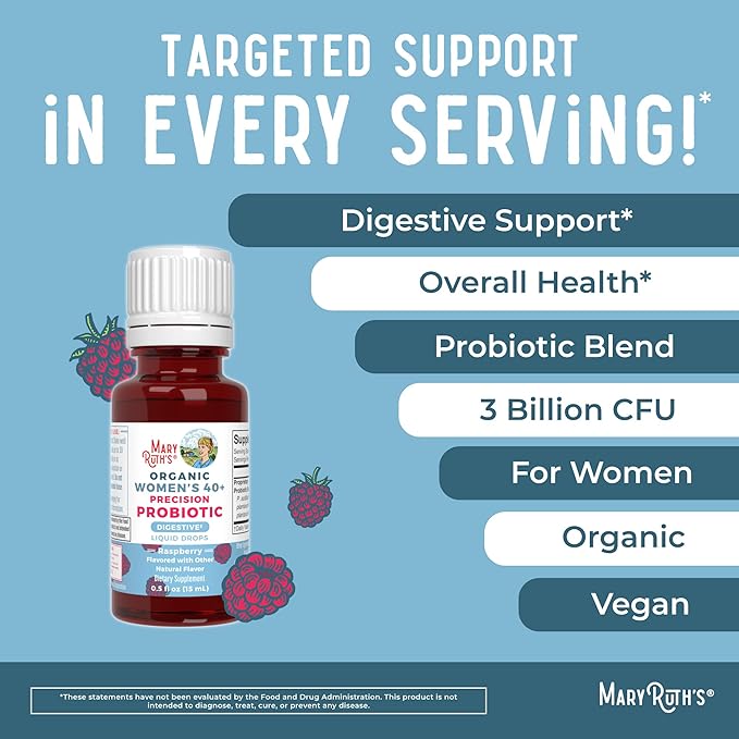 MaryRuth Organics USDA Organic 40 Womens Probiotic Liquid Drops | Probiotics for Digestive Health | Stress-Related GI Issues | Occasional Gas Relief for Adults | Vegan | Dairy Free | 30 Servings