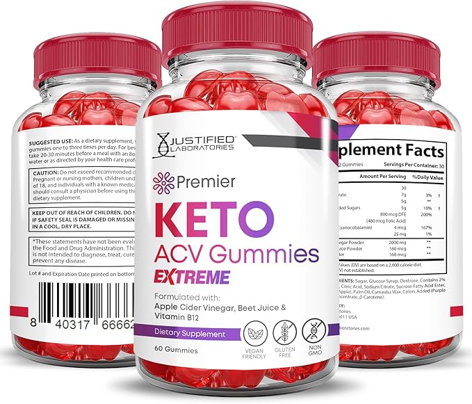 Premier Keto ACV Gummies Extreme 2000MG Premier Keto Gummies Apple Cider Vinegar Formulated with Pomegranate Beet Juice Powder B12 Vegan Non GMO 60 Gummys