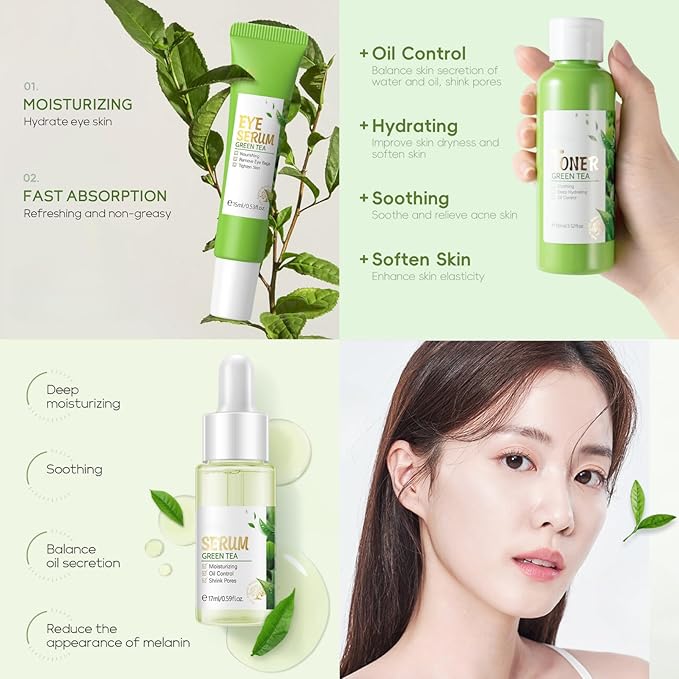 Green Tea Skin Care Kit Teenage Girls Gifts - Teen Skin Care Set Antioxidant - Hydrating Skincare Set with Face&Eye Cream,Toner,Serum,Cleanser - Mother's Day Gifts - Travel Essentials for Women (7PCS)