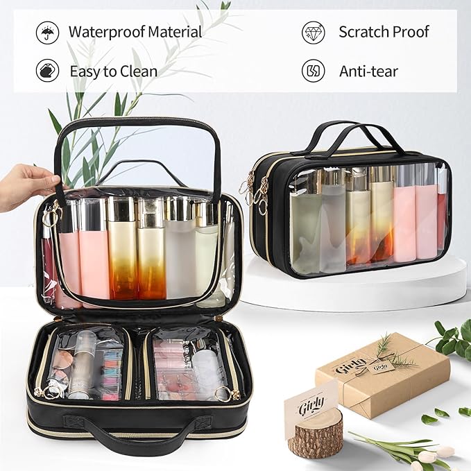 OCHEAL Travel Toiletry Bag, Double Layer Clear Makeup Bag Organizer Large Capacity Cosmetic Bag for Traveling Women Beauty Essentials, Multiple Compartments Makeup Case- Black