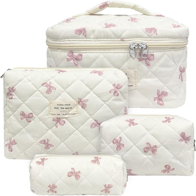 4 Piece Cute Pink Bow Quilted Makeup Bag Set, Large Capacity Travel Makeup Bags for Women and Girls, Includes Small, Small-Medium,Medium, and Large aesthetic makeup&Cosmetic Bags (4PCS-Pink Bow)