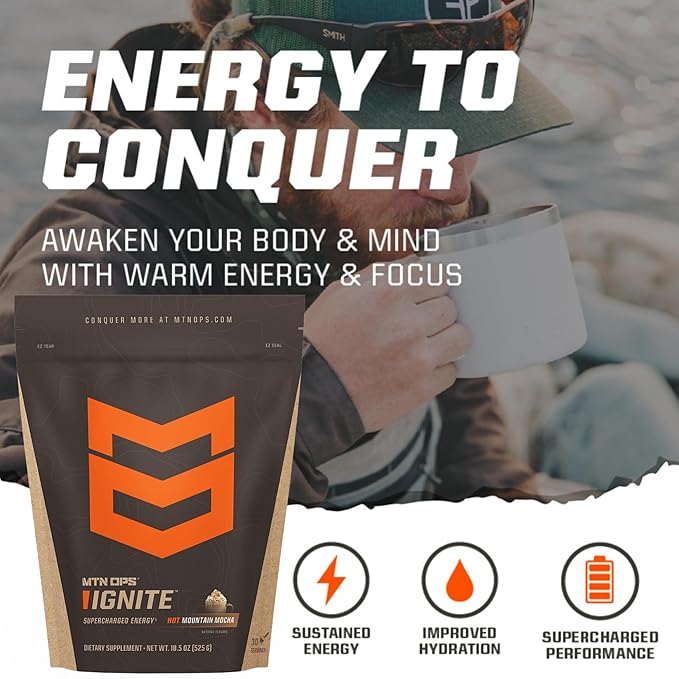 MTN OPS Hot Ignite Supercharged Energy Drink Mix Focus Enhancer, Apple Cider, Bag (30 Servings)