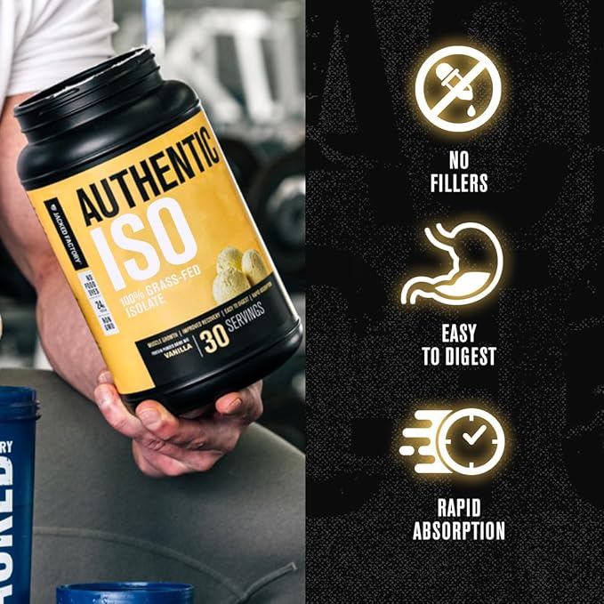 Jacked Factory Authentic ISO Grass Fed Whey Protein Isolate Powder - Low Carb, Non-GMO Muscle Building Protein w/No Fillers, Mixes Perfectly for Post Workout Recovery, Vanilla - 2LB, 30 SV