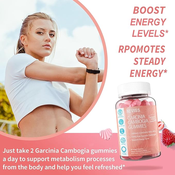 Sugar Free Garcinia Cambogia Gummies 1000mg 95% HCA Pure Extract with L-Carnitine, Raspberry Ketone, Chromium, Green Coffee Bean for Metabolism, 100% Organic Extract, Vegan, Strawberry Flavor 60 Cts