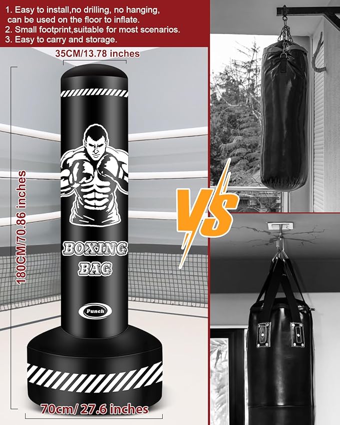 Standing Punching Bag for Adults Teens, 70" Heavy Punching Bag with Stand, Heavy Bag Inflatable Kick Boxing Bag Training Equipment Bags for Training MMA Muay Thai Fitness