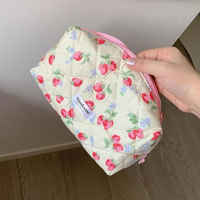Cute Quilted Makeup Bag, Coquette Strawberry Skincare Pouch Aesthetic Cosmetic Travel Skincare Brush Organizer Pouches Makeup for Women,Strawberry me Up