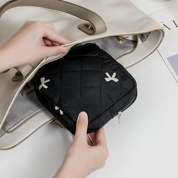 Small Quilted Cotton Makeup Bag for Purse, Cosmetic Bag with Compartments, Cotton Aesthetic Makeup Bag, Travel Toiletry Pouch, Key Pocket Lipstick Bag Card Holder Data Cable Organizer(05Black Bow)