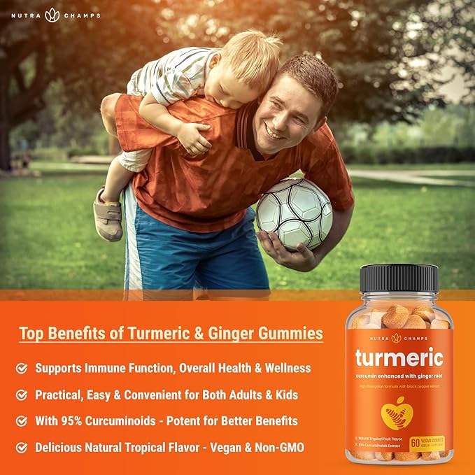 Turmeric Gummies for Adults & Kids with Ginger & Black Pepper Extract | 95% Curcuminoids | Vegan Natural Curcumin Joint Support Supplement | Tumeric Gummy Supplements