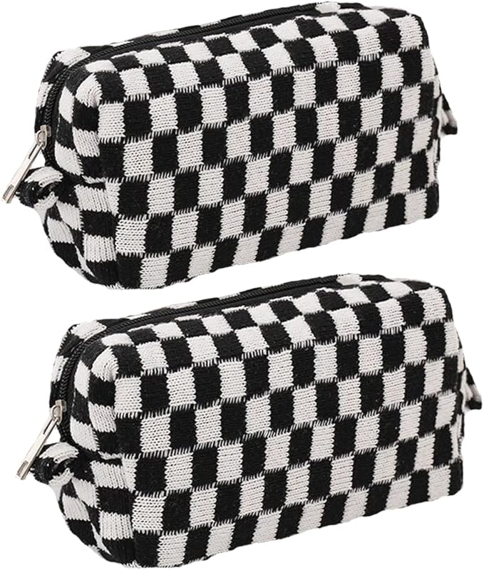 SxoSyo 2 Pcs Cosmetic Bags for Women Makeup Bag Purse Travel Toiletry Zipper Storage Pouch Make up Brushes Organizer for Gifts (Checkered, Black 2)