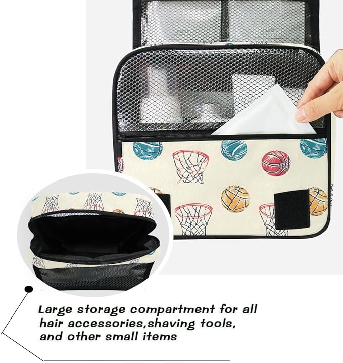 senya Hanging Travel Toiletry Bag Kit Boys Makeup Case Cosmetics Organizer for Men Women (Basketball Balls And Hoop)
