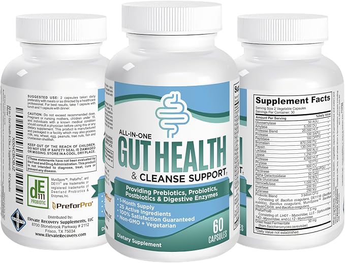 All-in-1 Gut Health & Cleanse Support Supplement with 25 Active Ingredients - Natural Gut Detox Supplements - 60 Capsules