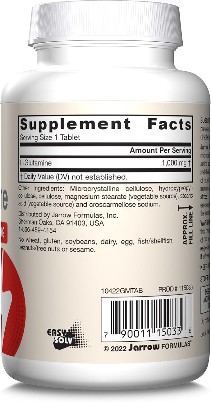Jarrow Formulas L-Glutamine 1000 mg, Dietary Supplement for Muscle Tissue, Multifunctional Amino Acid, Immune Support , 100 Easy-Solv Tablets, 50-100 Day Supply