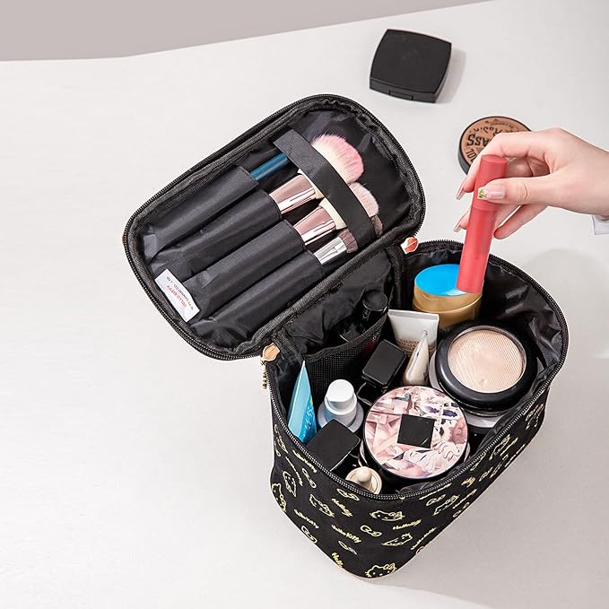 AmBealla Make up Bag Travel Cosmetic Bags Brush Holder Zipper Pouch Case Organizer Cute Organizer Suitable for Purse for Women (Black 2PCS)