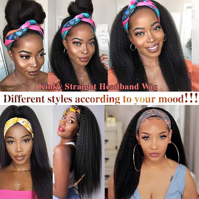 Kinky Straight Headband Wig Human Hair 180% Density 12A Headband Wigs for Black Women Glueless Yaki Headband Half Wig Human Hair Machine Made No Lace Front Headband Wig Natural Black Color 14 Inch