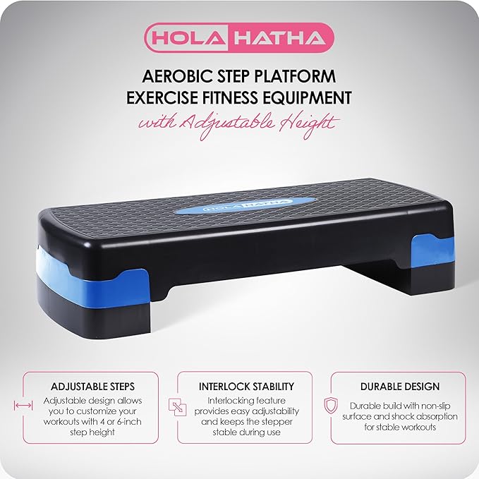 HolaHatha Compact Portable Aerobic Step Platform Exercise Fitness Equipment, Cardio Stepper with Adjustable Height for Home Gym