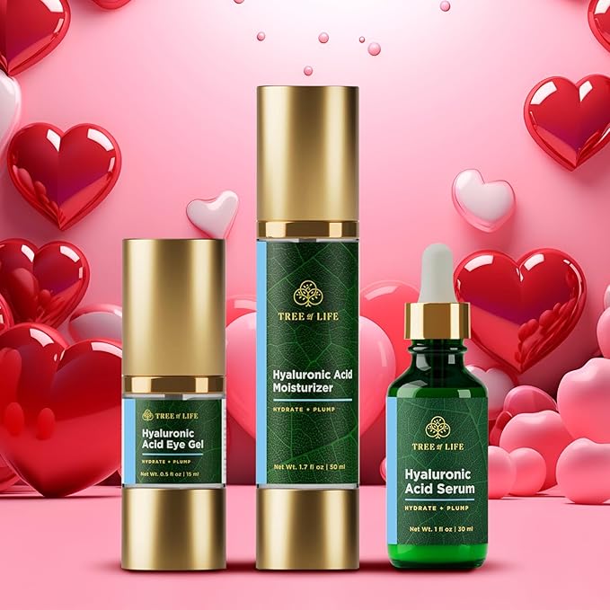 NEW LOOK | Tree of Life Hyaluronic Acid Hydrating Set for Face, Serum (1 Oz), Moisturizer Cream (1.7 Oz), Vitamin C Eye Gel, (0.5 Oz), Facial Tightening Lift, Clean Dermatologist-Tested Skin care