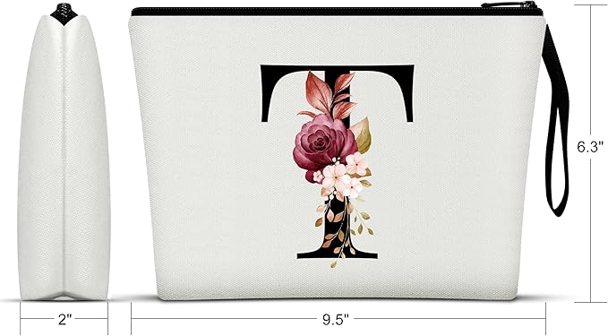 Vavabox A-Z Personalized Makeup Bag, Birthday Gifts for Women Mom, Gifts for Best Friend, Bride Bridesmaid Cosmetic bag (T, White)