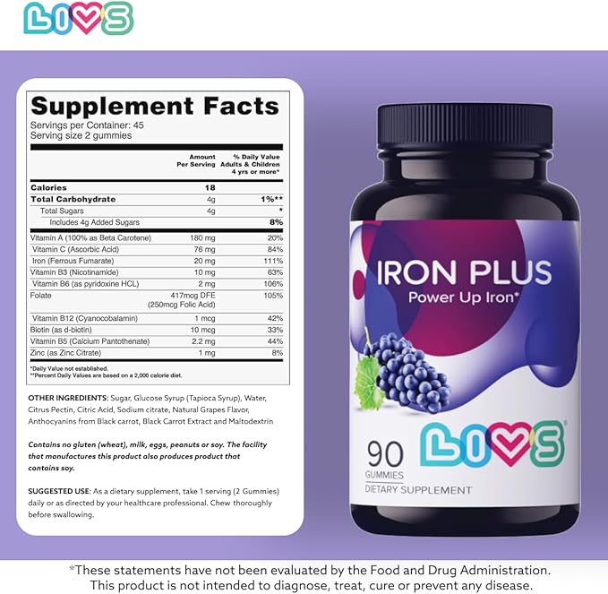 LIVS Iron Plus Gummy Vitamin | Iron with Vitamin C | Made in USA | Iron Gummies for Adults & Kids | All-Natural, Gluten-Free, Non-GMO & Vegan Iron Supplement Gummies | Grape Flavored, 90 Count