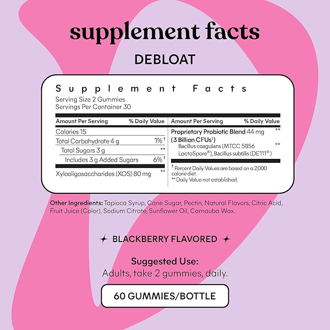 Lemme Debloat - Digestive & Gut Health Gummies with 2 Clinically Studied Probiotics & Prebiotic, 3 Billion CFUs - Vegan, Gluten Free, Non GMO, BlackBerry Flavor (60 Count)