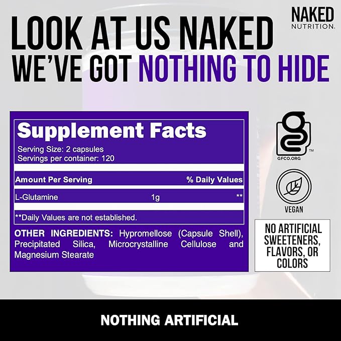 Naked L-Glutamine Muscle Recovery Capsules, 1000mg, 240 Count, Made in The USA, Non-GMO, Gluten and Soy Free