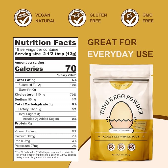 Orgnisulmte Whole Egg Powder, Fresh Pasteurized Egg Powder, All Natural, No Additives, Gluten Free Excellent for Baking Made in USA 8 Oz