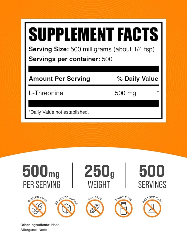 BulkSupplements.com L-Threonine Powder -Threonine Supplement, Amino Acid Supplement - Essential Amino Acid, Gluten Free, 500mg per Serving, 250g (8.8 oz) (Pack of 1)