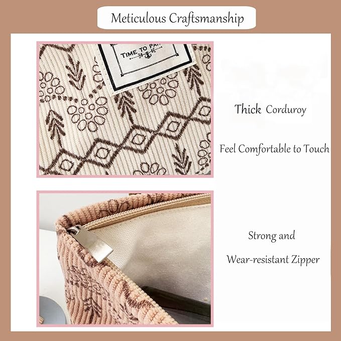 Flower Fabric Makeup Bag for Purse, Vintage Corduroy Cosmetic Pouch Bag, Portable Travel Handbag for Women Girls (Vintage Beige)