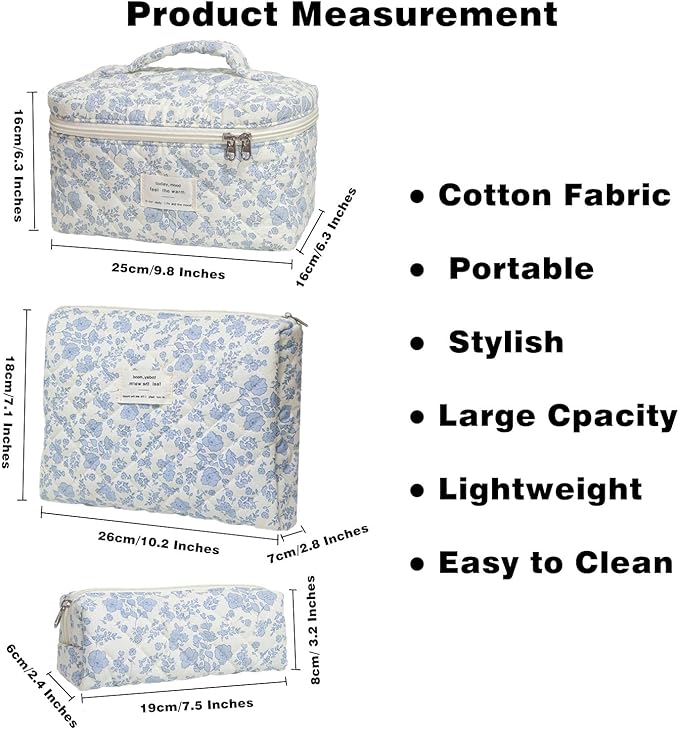 Makeup Bag, Quilted Makeup Bag Set of 3, Large Floral Make Up Bag for Women, Cotton Makeup Bag with Handle, Cosmetic Bag Organizer for Women Travel Set (Light Blue Flower)