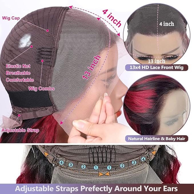 Skunk Stripe Wig Red With Black Highlights Body Wave Lace Front Wig Human Hair 13X4 HD Lace Front Wig Burgundy Colored Body Wave Wigs Pre Plucked With Baby Hair 150% Density Natural Hairline 16inch