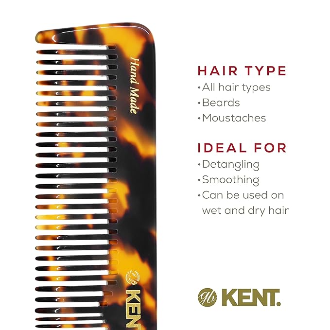 Kent 16T TY Fine Tooth and Wide Tooth Comb for Daily Grooming, Handmade Styling Comb for All Hair Types, Styling and Detangling Combs for Men and Women
