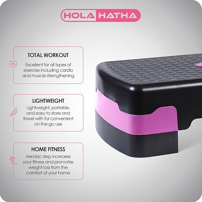 HolaHatha Compact Portable Aerobic Step Platform Exercise Fitness Equipment, Cardio Stepper with Adjustable Height for Home Gym