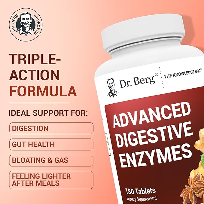 Dr. Berg Advanced Digestive Enzymes with Apple Cider Vinegar - Includes Digestive Health Ingredients Like Betaine Hydrochloride (HCI), Ginger Root & Peppermint Leaf - 180 Tablets