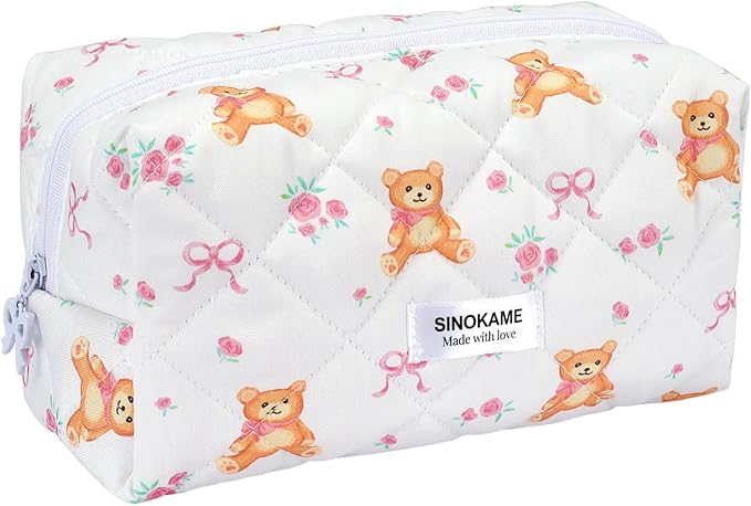 Cute Quilted Makeup Bag Pencil Pouch, Handmade Bow Floral Aesthetic Cosmetic Pencil Case Toiletry Brushes Organizer Bag for Women, Bear Core