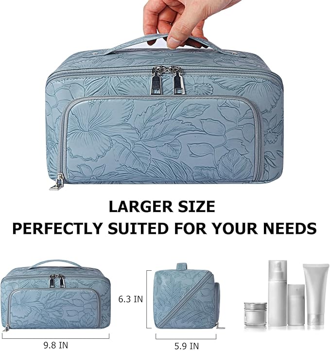 Travel Makeup Bag, Large Capacity Cosmetic Bags for Women, Waterproof Lining and PU Leather Portable Pouch, Open Flat Toiletry Bag, Make up Organizer with Divider & Handle (Light Blue)