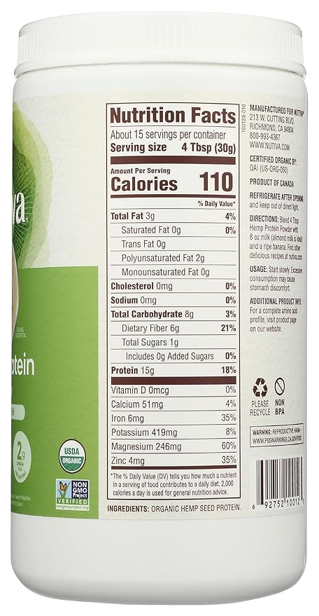 Nutiva Organic Cold-Pressed Raw Hemp Seed Protein Powder, Peak Protein, 16 Oz, USDA Organic, Non-GMO, Whole 30 Approved, Vegan, Gluten-Free & Keto, Plant Protein with Essential Amino Acids