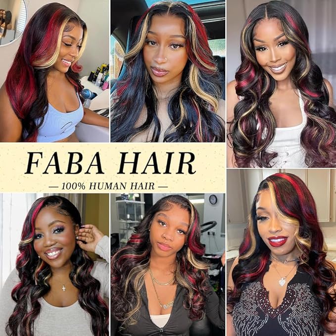 FABA Skunk Stripe Wigs Black Red Blonde Highlights Wig Human Hair 32 inch 13x4 HD Lace Front Human Hair 180% Density Black and Red Wig Highlight Body Wave Pre Plucked with Baby Hair