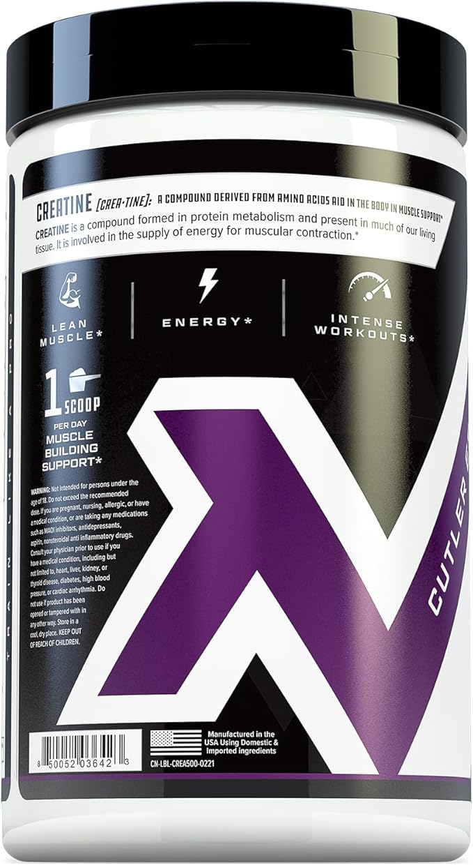 Cutler Nutrition Pure Creatine Monohydrate - 5g Per Serving - Premium Muscle Builder Enhances Strength Performance & Recovery - Unflavored for Easy Mixing (100 Servings)